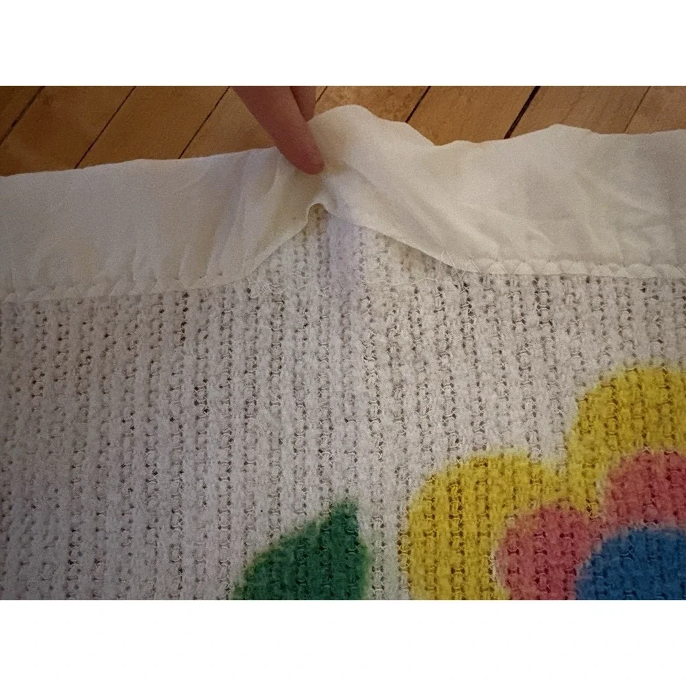 Vintage Waffle Weave Baby blanket Satin Trim Bunny Rabbit House